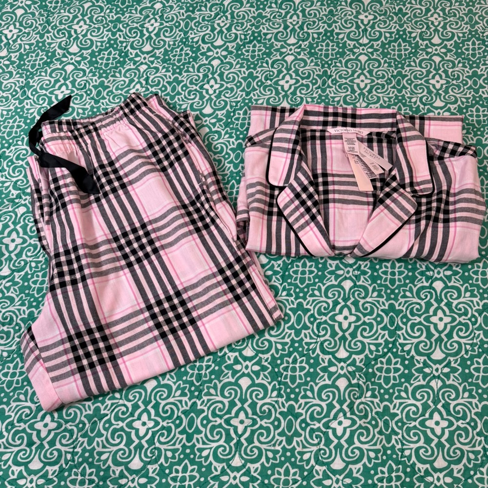 Victorias Secret Pink Plaid Flannel Pajama Set Lurex Shimmer Womens Small Pjs - Picture 11 of 11
